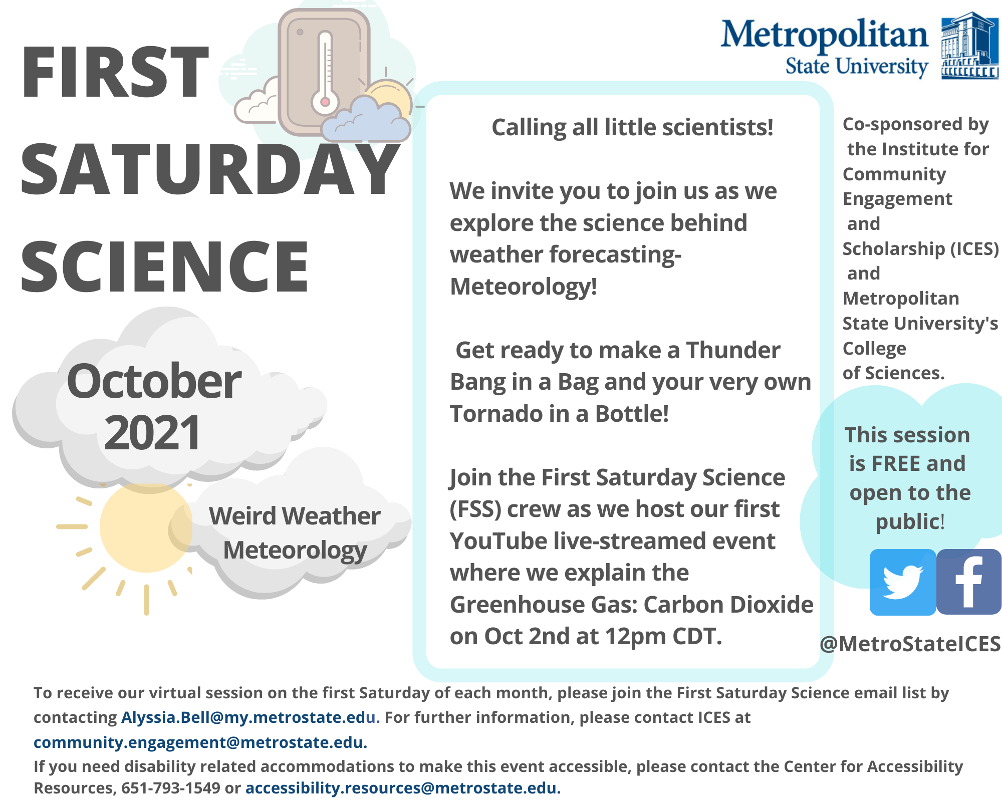 October 2021 flyer for First Saturday Science at Metro State University